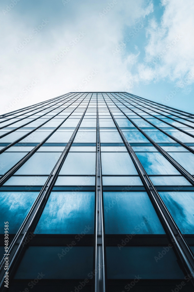 Obraz premium Upward view of a modern glass skyscraper building