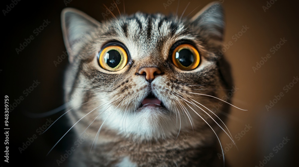 A close-up portrait of a tabby cat with wide, surprised eyes and an open mouth. The cat's expression conveys a sense of bewilderment, curiosity, or fear. The image captures the feline's natural instin A close-up portrait of a tabby cat with wide, surprised eyes and an open mouth. The cat's expression conveys a sense of bewilderment, curiosity, or fear. The image captures the feline's natural instin