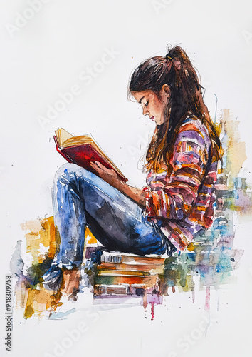 Young woman sitting down and reading in watercolor style.