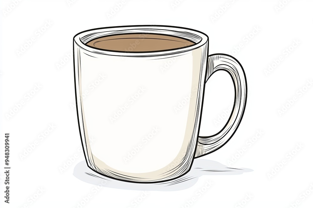 Hand drawn illustration of a white coffee mug with a brown liquid inside. Hand drawn illustration of a white coffee mug with a brown liquid inside.