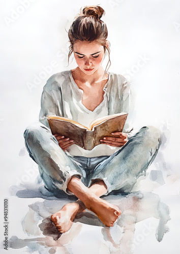 Young woman sitting down and reading in watercolor style.