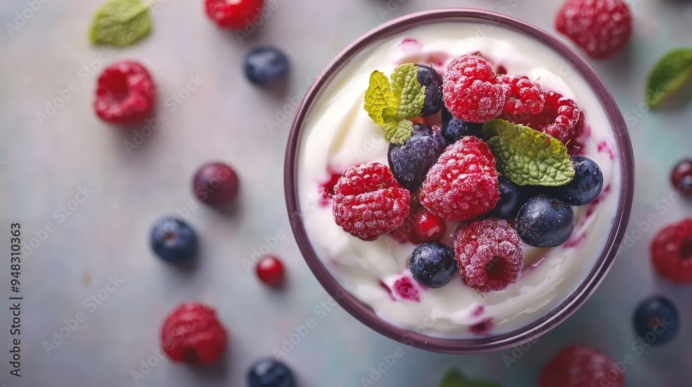 A close-up shot of a yogurt parfait topped with fresh raspberries, blueberries, and a sprig of mint. The yogurt is creamy and white, and the berries are bright and colorful. This image symbolizes a he A close-up shot of a yogurt parfait topped with fresh raspberries, blueberries, and a sprig of mint. The yogurt is creamy and white, and the berries are bright and colorful. This image symbolizes a he
