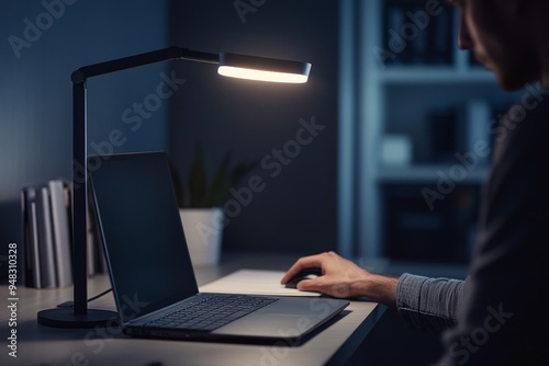 A person with a stylish desk lamp in a contemporary office studio, showcasing the lampâ€™s design, functionality, and modern aesthetics. 