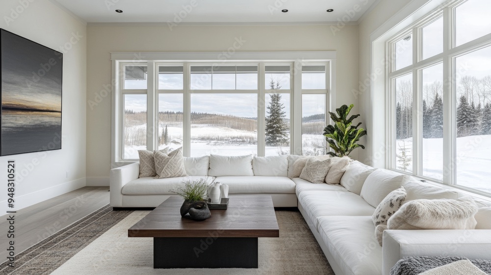 Fototapeta premium A large white sectional sofa is in a living room with a large window