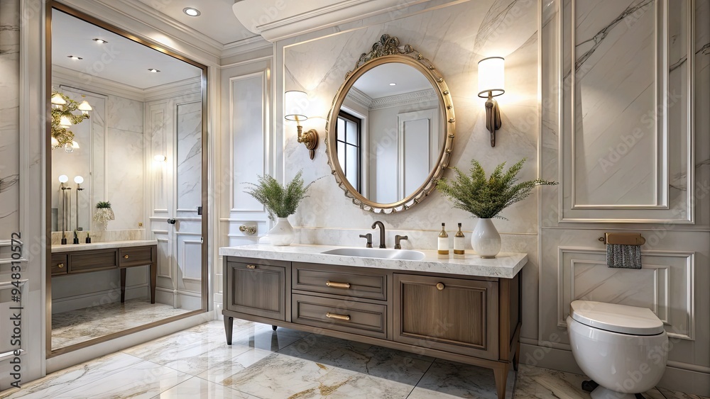 A modern bathroom features a sleek, ornate mirror hanging above a stylish vanity with elegant lighting, surrounded by crisp white walls and marble countertops. A modern bathroom features a sleek, ornate mirror hanging above a stylish vanity with elegant lighting, surrounded by crisp white walls and marble countertops.