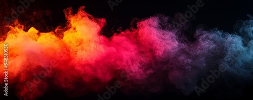 A deep black background with fiery tongues of red and yellow contrasted by billowing gray smoke