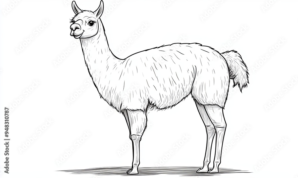 Fototapeta premium A hand-drawn illustration of a llama standing on all four legs with its head turned slightly to the left, looking at the viewer