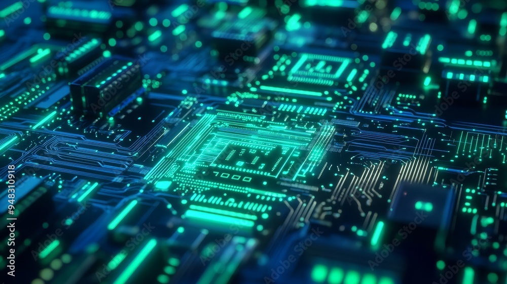 A close-up view of a futuristic circuit board with glowing green lines, symbolizing technology, innovation, connectivity, data flow, and the power of computing. A close-up view of a futuristic circuit board with glowing green lines, symbolizing technology, innovation, connectivity, data flow, and the power of computing.