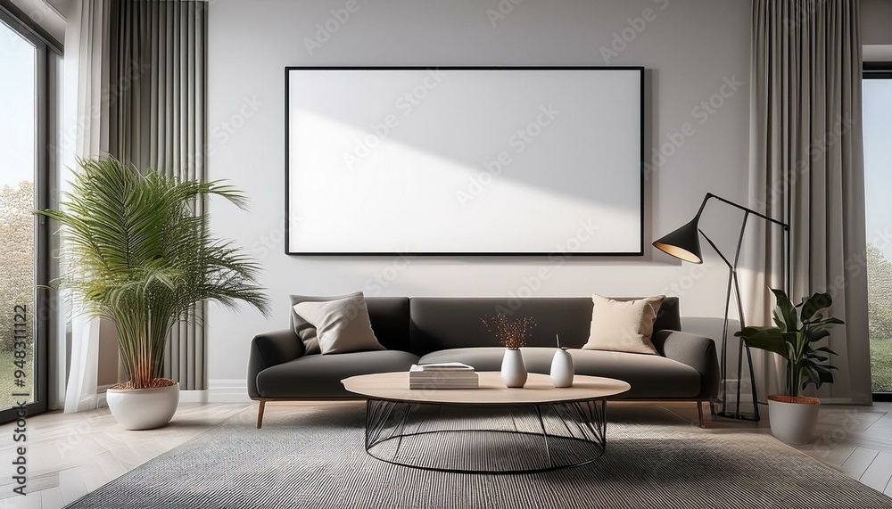Fototapeta premium Minimalist living room with oversized blank frame and coffee table for product presentation.