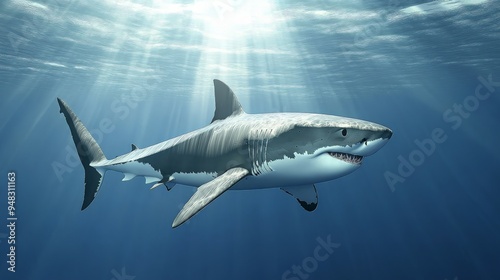 Great White Shark Swimming in Sunlight