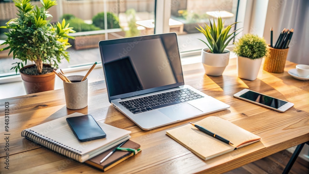 A modern laptop and smartphone sit on a sleek, wooden desk amidst scattered papers and pens, showcasing a busy yet organized flat business workspace. A modern laptop and smartphone sit on a sleek, wooden desk amidst scattered papers and pens, showcasing a busy yet organized flat business workspace.