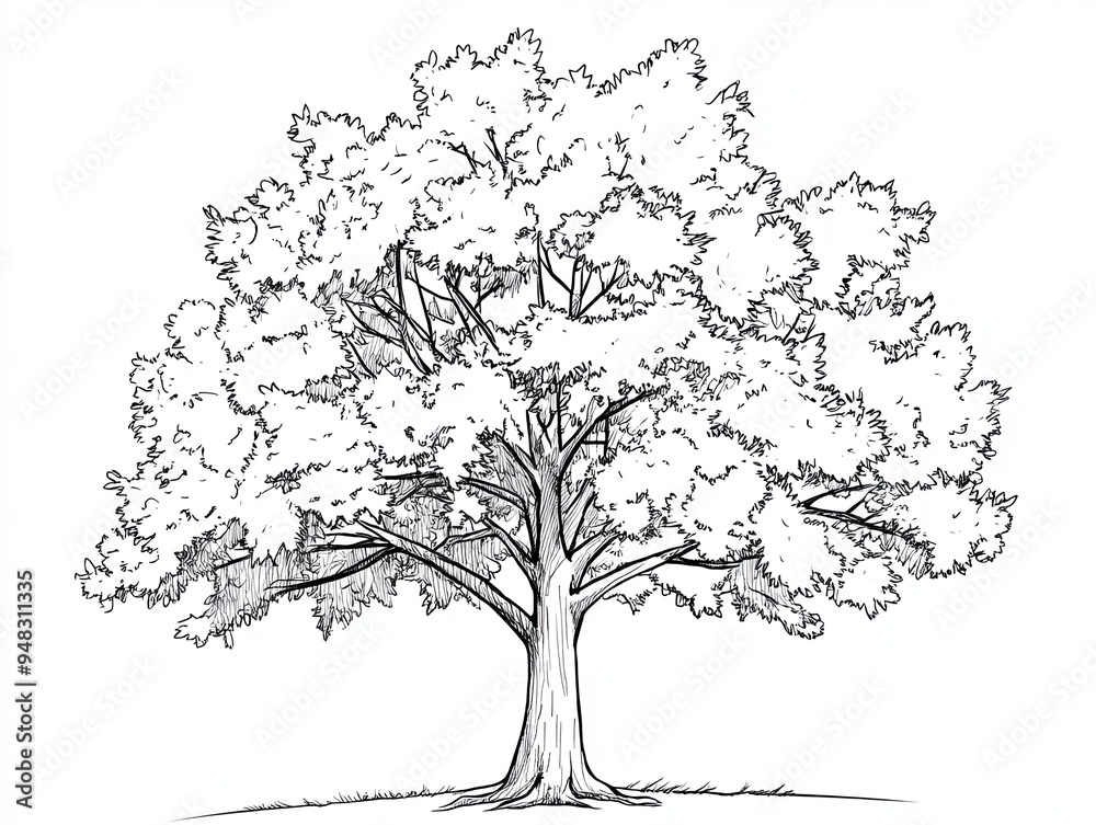 Fototapeta premium A detailed line drawing of a large tree with a thick trunk and branches spreading out in a large canopy of leaves.