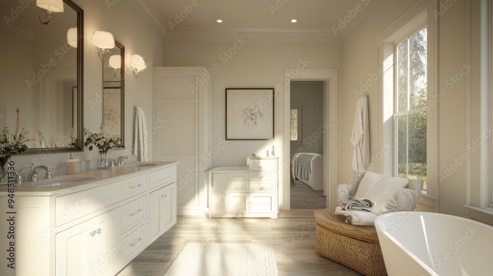 A bathroom with a large bathtub and a mirror A bathroom with a large bathtub and a mirror