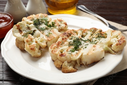 Delicious grilled cauliflower steaks with sauce and spices on wooden table, closeup