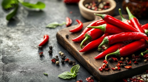 A close-up of an assortment of whole and sliced chili peppers on a kitchen cutting board, with a few spices and herbs scattered around.