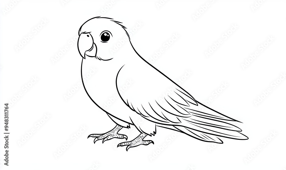 Fototapeta premium A simple line drawing of a parrot with large eyes, a beak, and feathery wings.