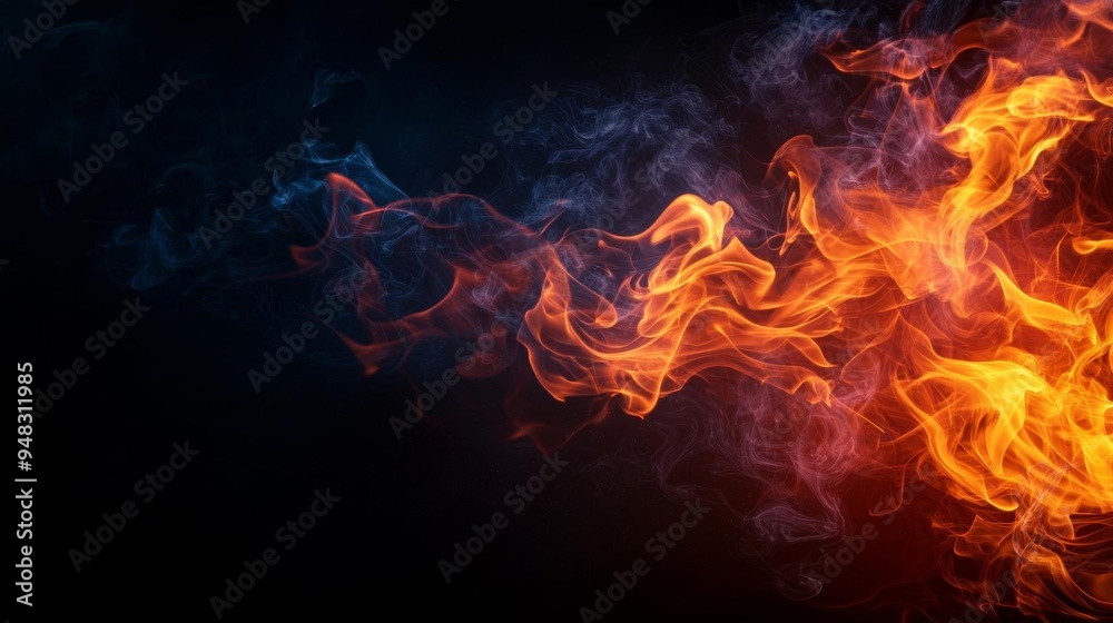 Bright, vivid flames on a dark black backdrop, surrounded by dynamic, drifting smoke Bright, vivid flames on a dark black backdrop, surrounded by dynamic, drifting smoke
