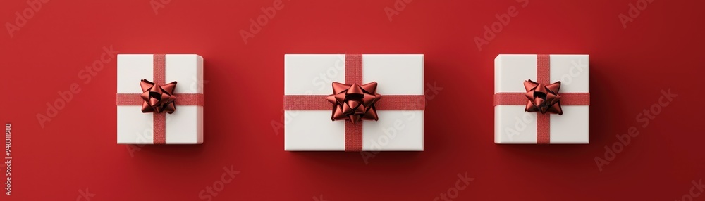 A wrapped gift box with a red ribbon sits beside a red door, ready for a holiday surprise A wrapped gift box with a red ribbon sits beside a red door, ready for a holiday surprise
