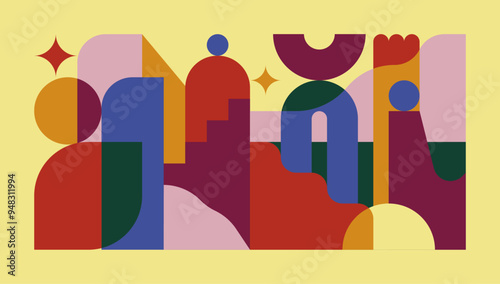Colorful, abstract and geometric cityscape, with flat vector shapes