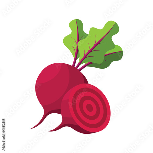 Red beets with green leaves and one beet cut in half on a white background.