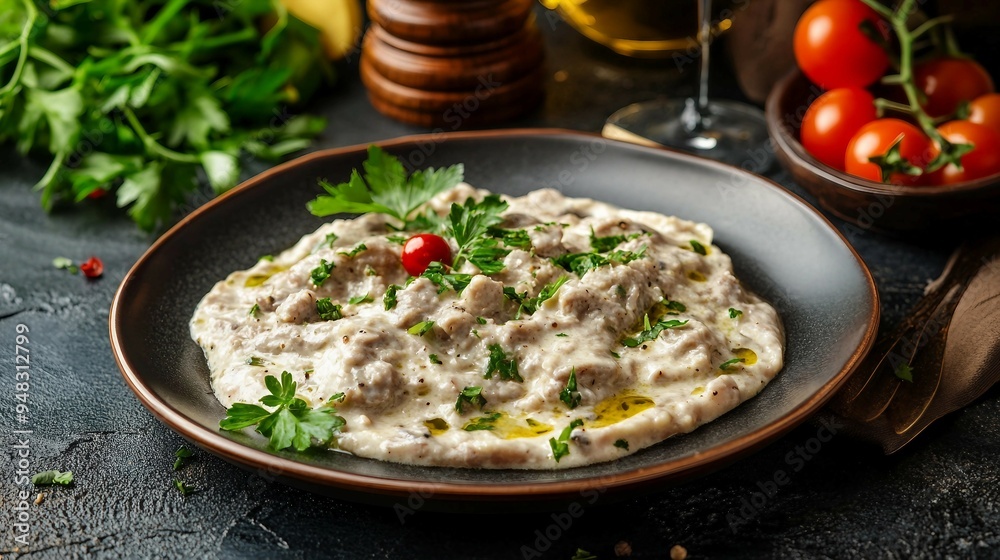 Delightful Vitello Tonnato - Traditional Italian Dish Top View with Copy Space for Text Delightful Vitello Tonnato - Traditional Italian Dish Top View with Copy Space for Text