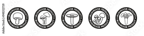 A set of round icons with images of different mushrooms and the text “Mushroom product”. Stickers for packaging.