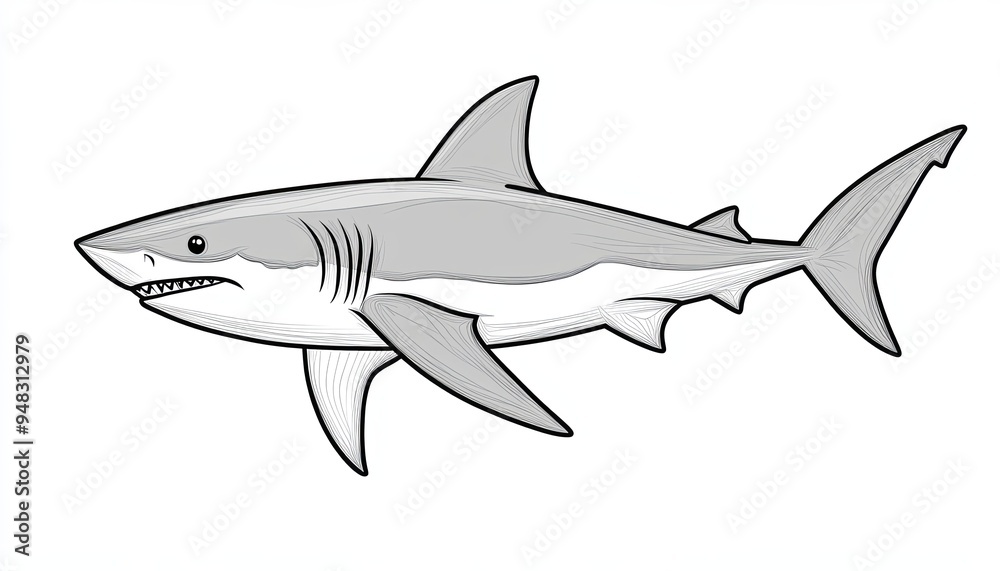 A simple illustration of a great white shark, a powerful and fearsome predator of the ocean. A simple illustration of a great white shark, a powerful and fearsome predator of the ocean.