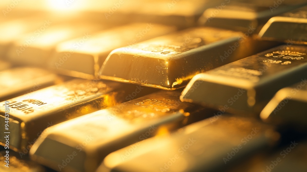 A close-up of gold bars stacked neatly, with light reflecting off their surfaces, illustrating their weight and the quality of the precious metal. A close-up of gold bars stacked neatly, with light reflecting off their surfaces, illustrating their weight and the quality of the precious metal.