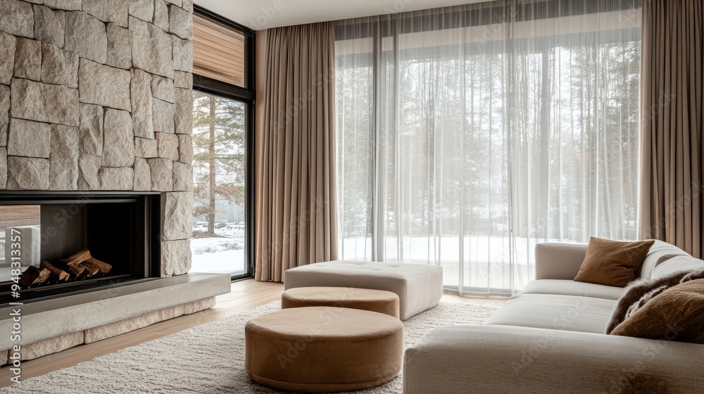 A living room with a fireplace and a couch A living room with a fireplace and a couch