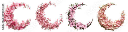 Crescent moon floral wreath with pink flowers soft romantic botanical decoration transparent background