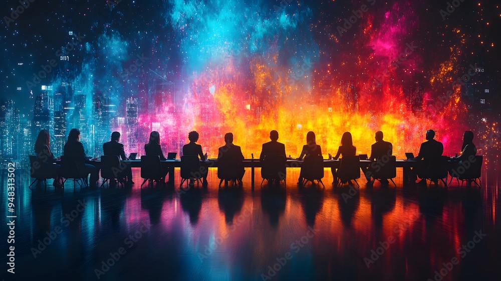 Obraz premium Collaborative Business Discussion: Executives engaged in a roundtable discussion, with an abstract network background that represents the interconnectedness of ideas and professional collaboration.