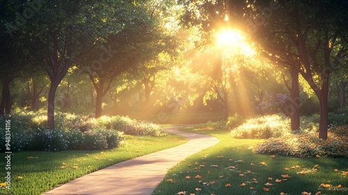 Peaceful Morning Stroll Through a Radiant Woodland Park photo