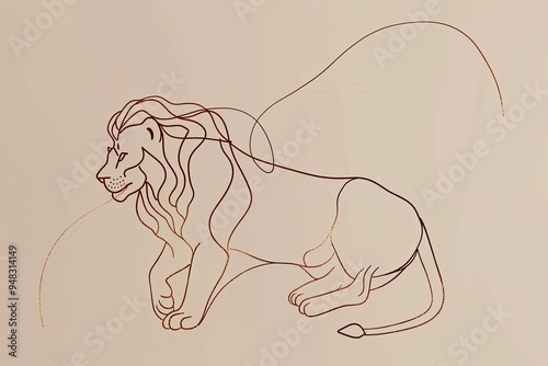 A single line drawing of a lion in a sitting position. The lion's mane is flowing and the tail is curled. The background is beige and there are two curved lines behind the lion. photo