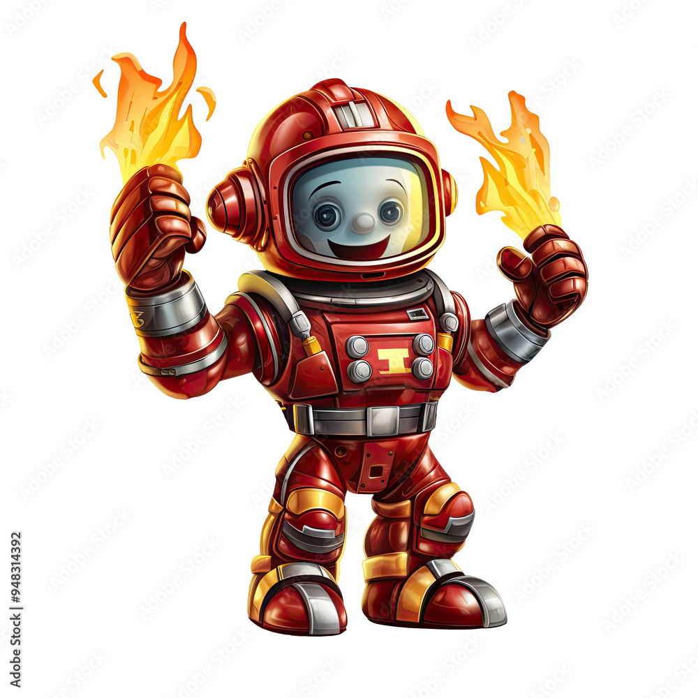 An illustration of a robot firefighter celebrating with hands on fire