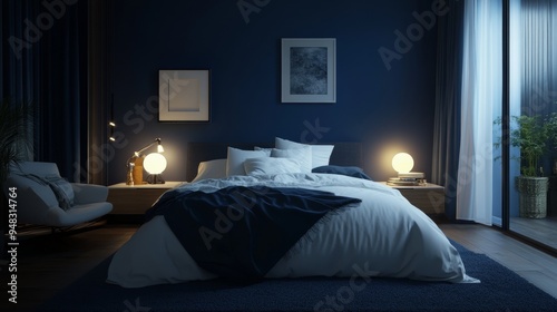 A bedroom with a blue wall and a white bed with a blue blanket photo