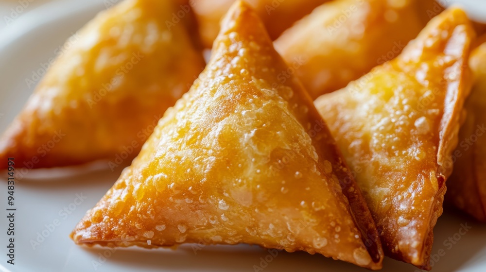 A close-up of vibrant Thai dessert samosas filled with sweet coconut and palm sugar, placed on a white plate to showcase their golden-brown color. A close-up of vibrant Thai dessert samosas filled with sweet coconut and palm sugar, placed on a white plate to showcase their golden-brown color.