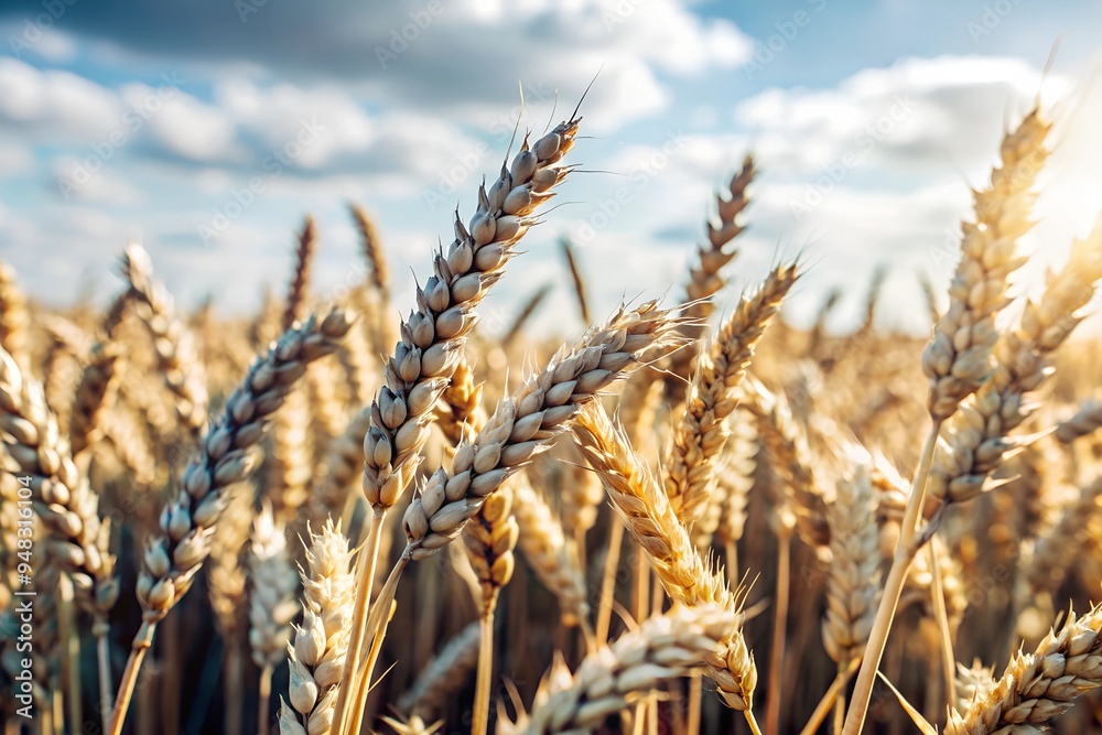 Fototapeta premium Golden wheat field close-up in late summer