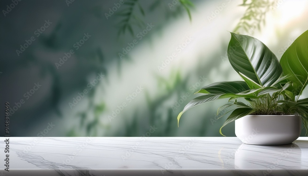 Photorealistic marble podium with blurred houseplant silhouette and soft light.