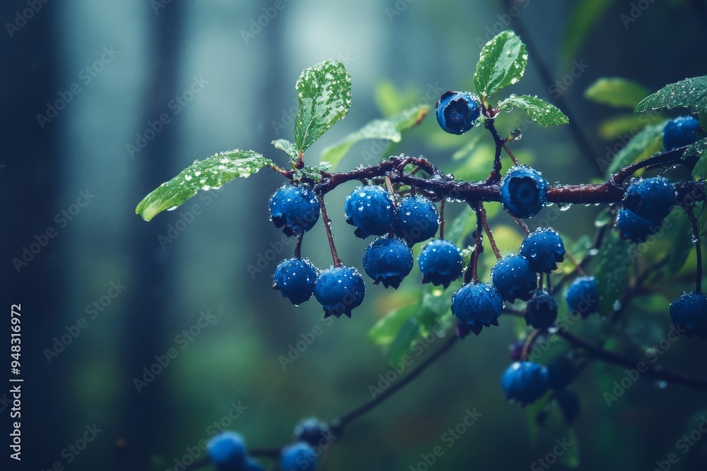 A closeup view showcases a cluster of wild blueberries situated on a branch, beautifully glistening with raindrops in the midst of a lush, misty forest environment that feels serene and peaceful A closeup view showcases a cluster of wild blueberries situated on a branch, beautifully glistening with raindrops in the midst of a lush, misty forest environment that feels serene and peaceful
