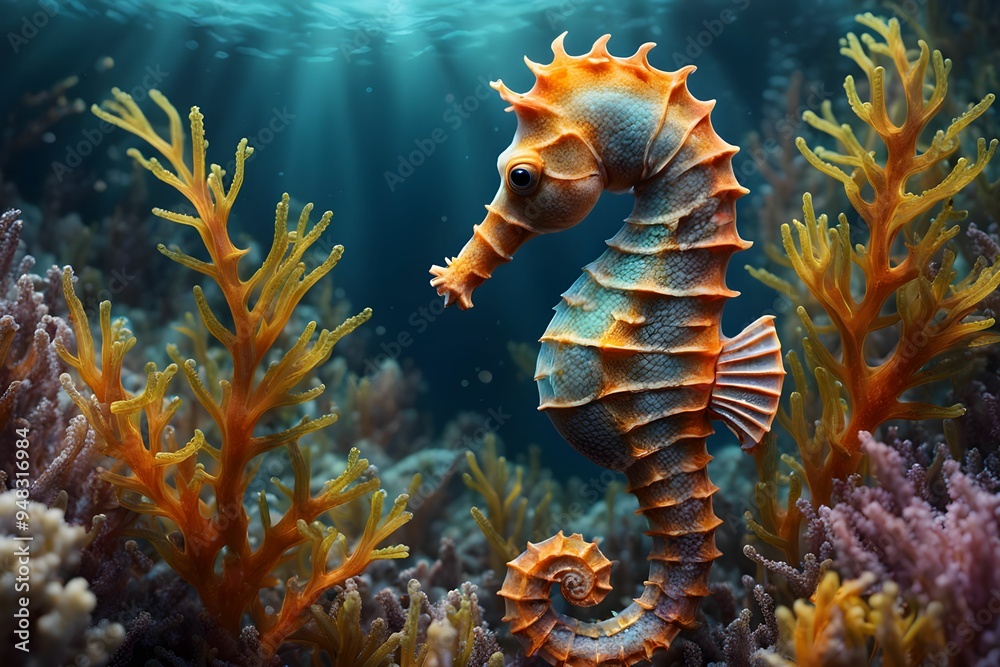 seahorse in the underwater with vibrant seaweed seahorse in the underwater with vibrant seaweed