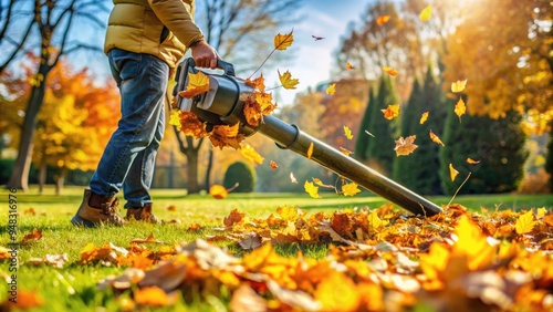 A powerful gas-powered lawn and yard blower efficiently sweeps away fallen leaves and debris from a lush green lawn on a sunny autumn day. photo