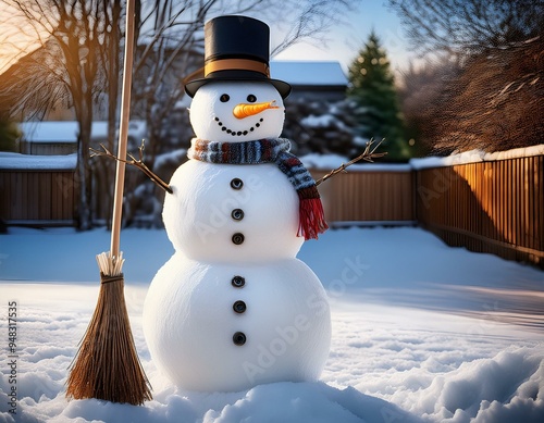 Photorealistic snowman with scarf, buttons, and broom in backyard. photo