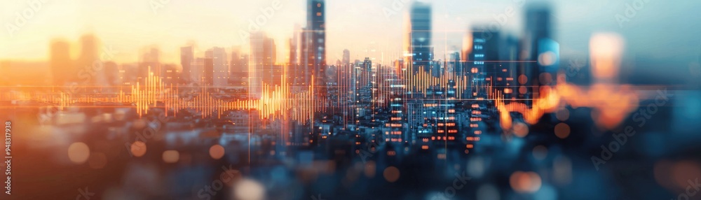 Abstract view of a city skyline influenced by economic policy changes, represented by digital overlays of economic data Abstract view of a city skyline influenced by economic policy changes, represented by digital overlays of economic data