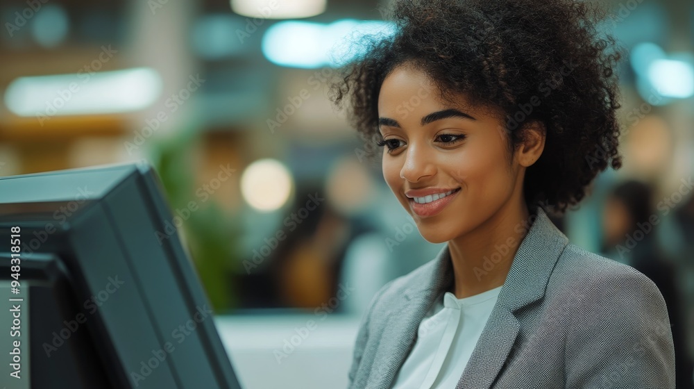 A friendly bank teller, dressed in a professional grey blazer, is assisting a customer with a transaction. Her welcoming smile creates a positive and reassuring atmosphere. The image symbolizes custo A friendly bank teller, dressed in a professional grey blazer, is assisting a customer with a transaction. Her welcoming smile creates a positive and reassuring atmosphere. The image symbolizes custo