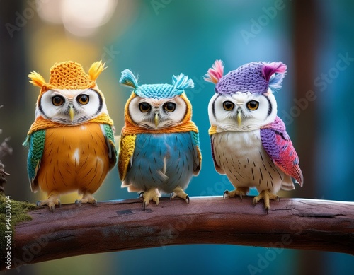 Playful owls in colorful outfits perched on a branch, perfect for party invitations. photo