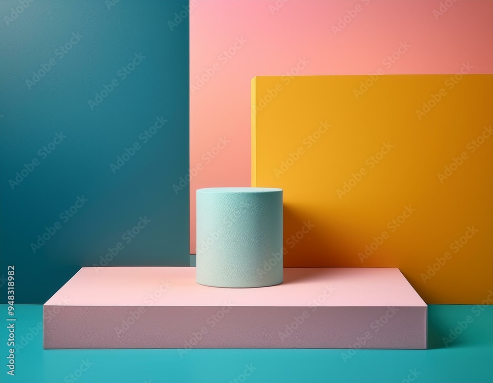 Playful pastel backdrop with rotating podium and colorful cube in geometric landscape. Playful pastel backdrop with rotating podium and colorful cube in geometric landscape.