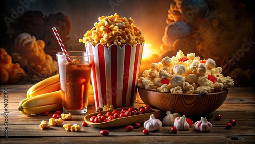 A retro-style cinema snack bar offers a variety of mouthwatering treats, including crispy popcorn, juicy hot dogs, and sweet, sticky candy under dim lighting. photo