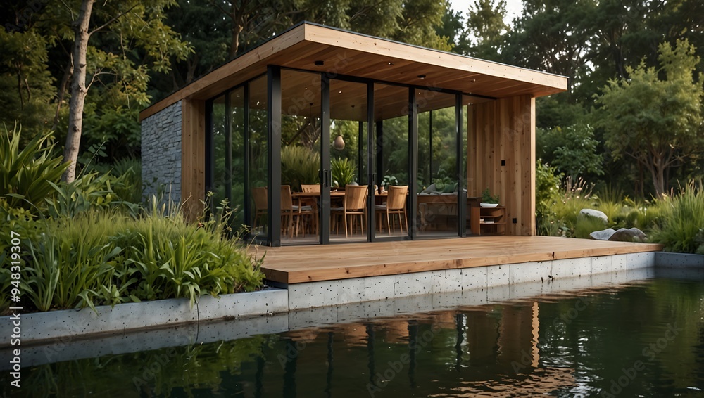 Create an image of a modern environmental eco-house set within a lush, green landscape. Create an image of a modern environmental eco-house set within a lush, green landscape.
