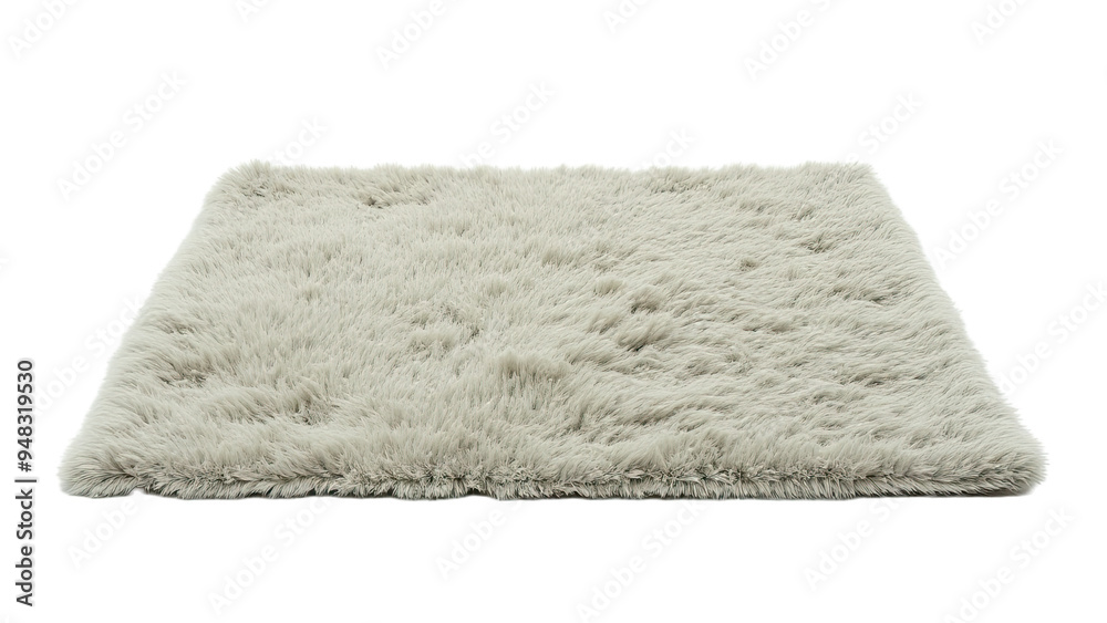 Grey fluffy rug on white background. Generative image Ai