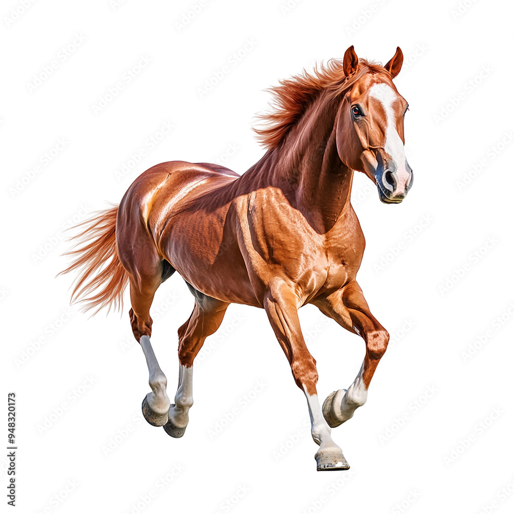 Obraz premium A stunning chestnut horse galloping gracefully, showcasing strength and beauty in motion against a clear background.